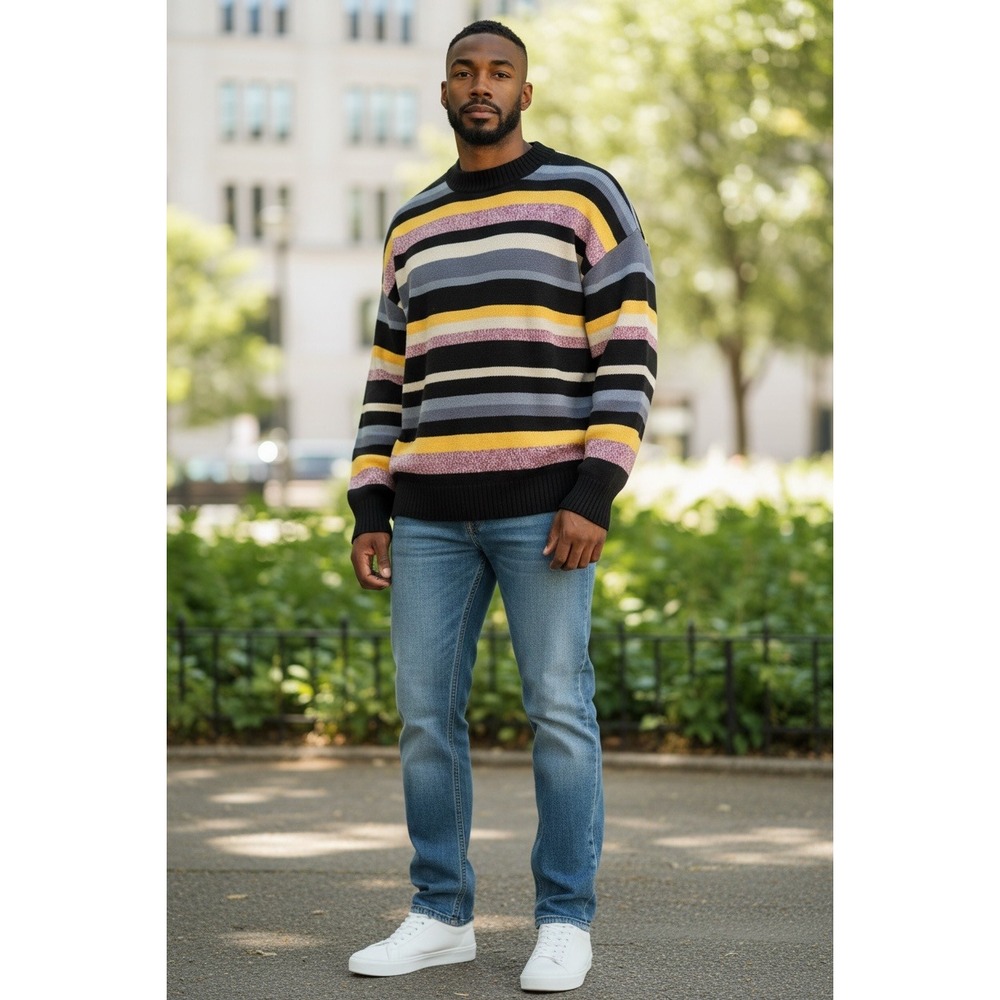 BDG Mens Striped Crewneck Sweater Size M Black Yellow Blue Purple Knit